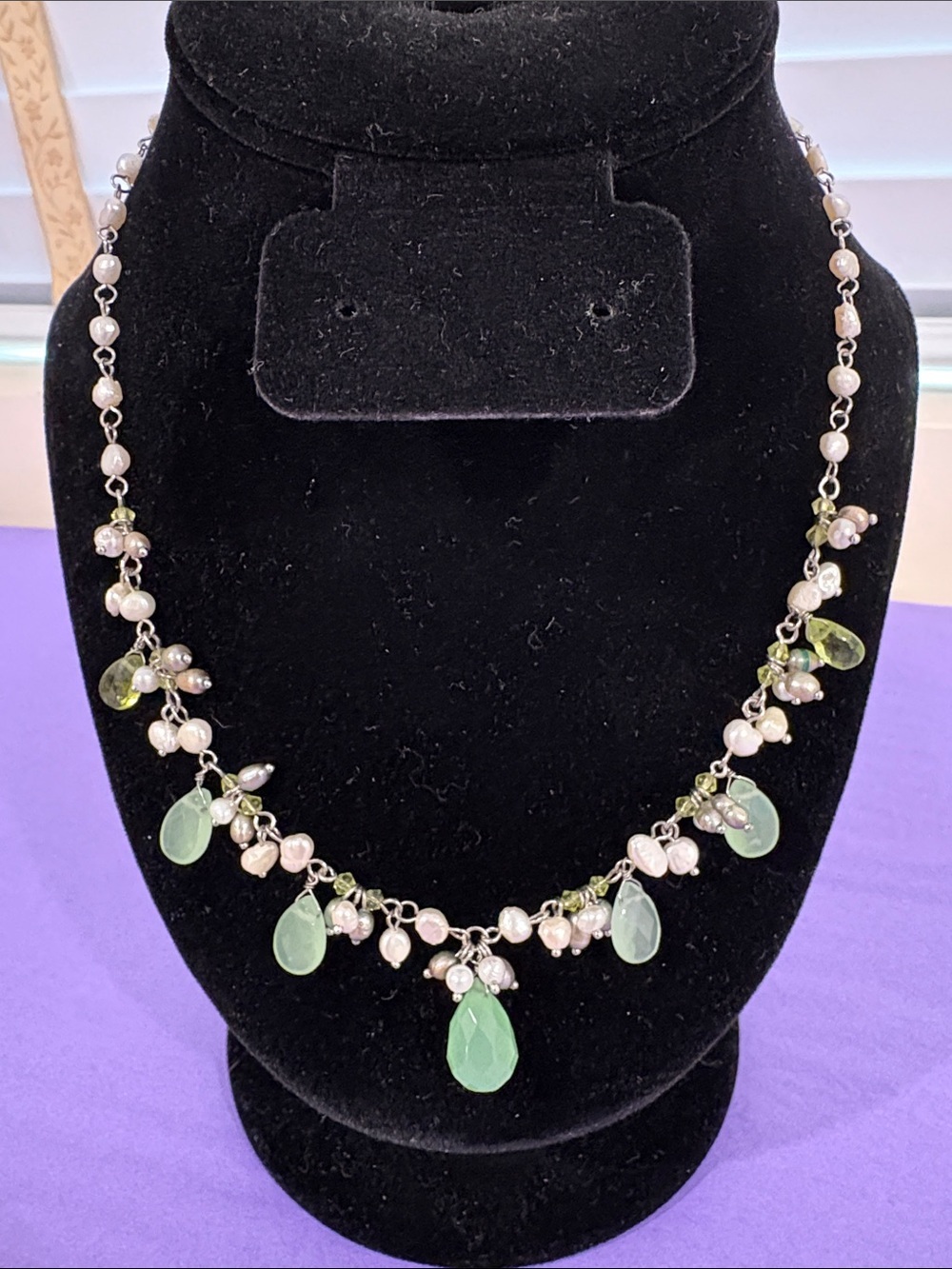 Handcrafted Green Chalcedony, Peridot Teardrop & Seed Pearl Necklace